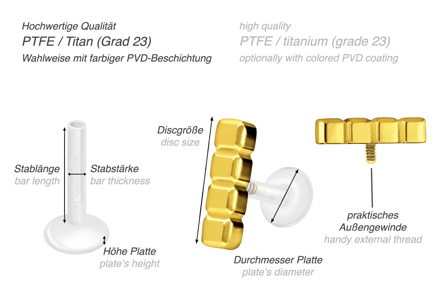 PTFE labret with internal thread + titanium attachment BAR