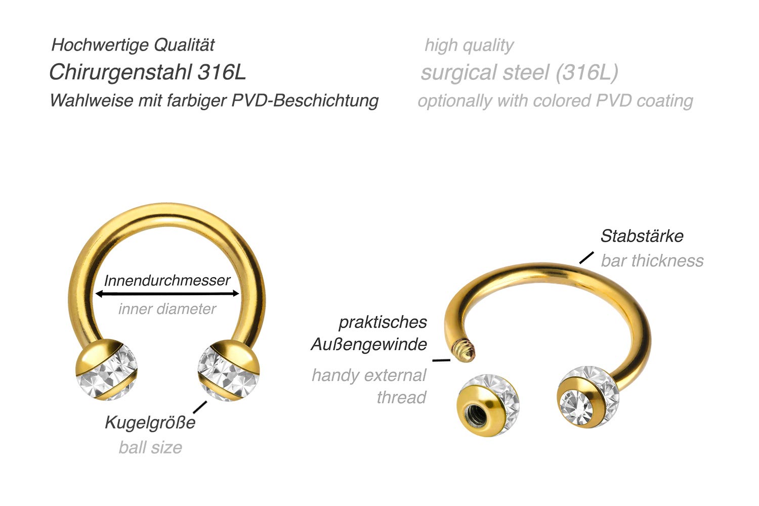 Chirurgenstahl Hufeisenring EPOXY-RING-KUGELN + KRISTALLE