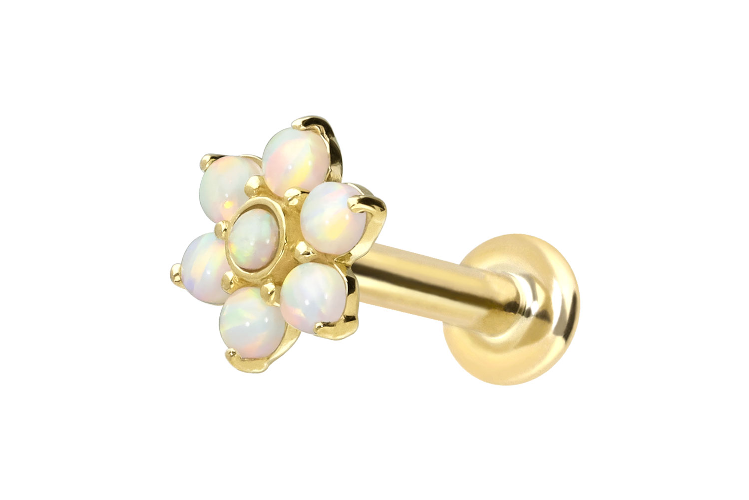14 carat gold labret with push fit FLOWER + 7 SYNTHETIC OPALS