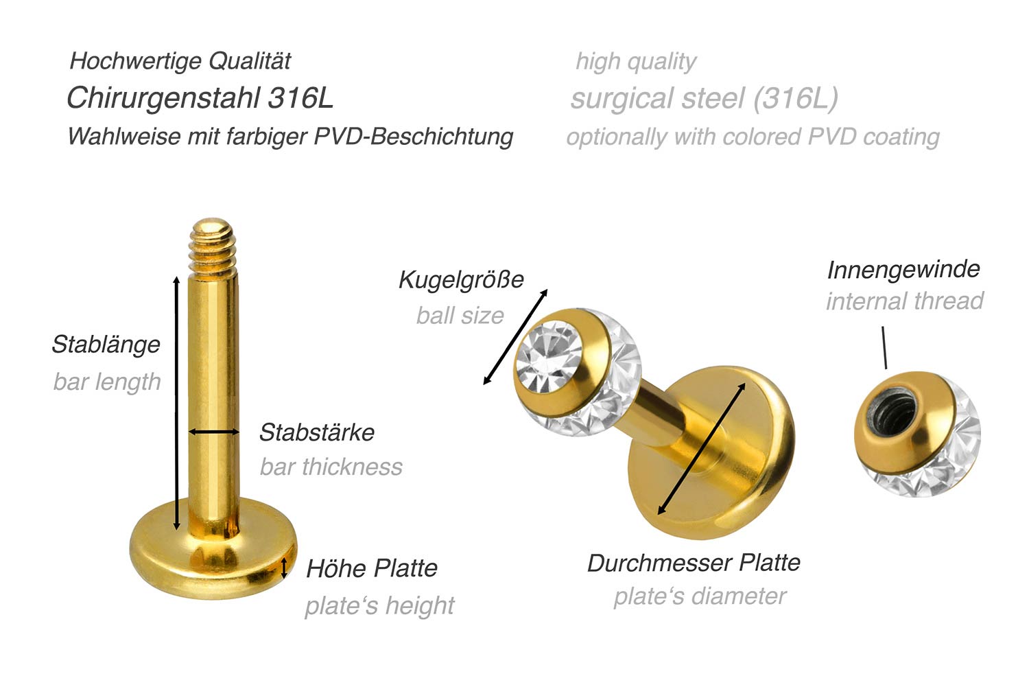 Chirurgenstahl Labret EPOXY-RING-KUGEL + KRISTALL