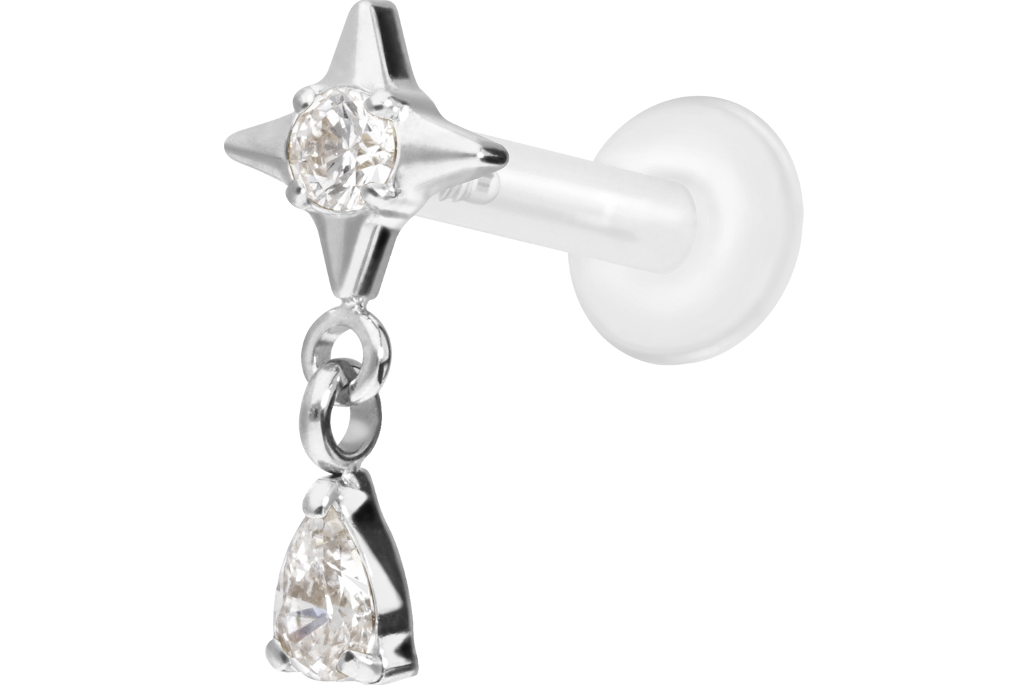 PTFE labret with internal thread + titanium attachment STAR + CRYSTAL DROP