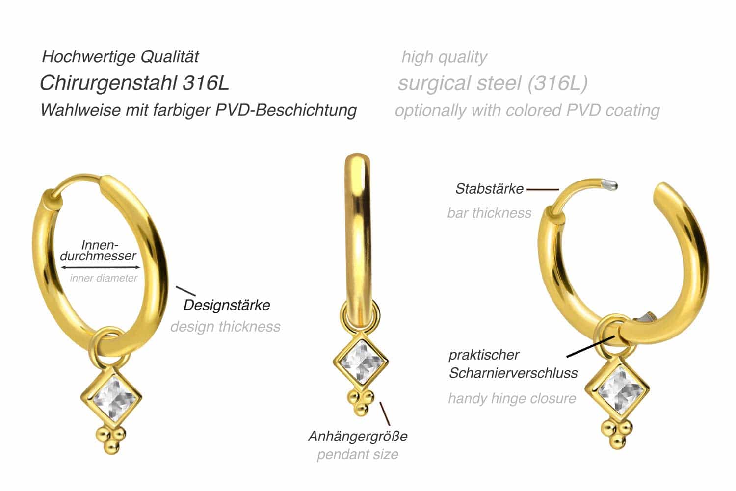 Chirurgenstahl Ohrclicker Creolen KRISTALLQUADRAT + KUGELN