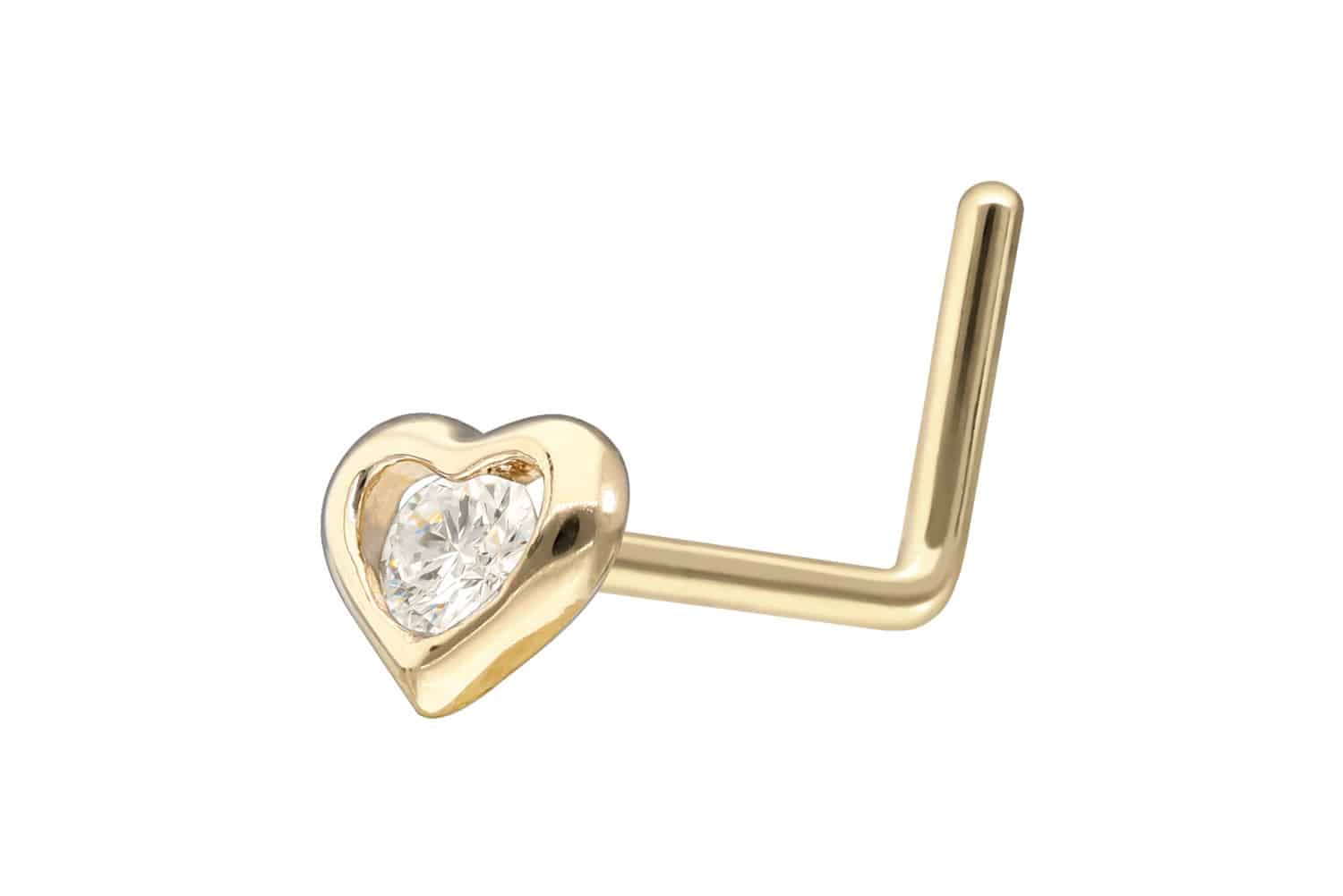 14/18 carat gold nose stud L-form MOISSANITE + HEART