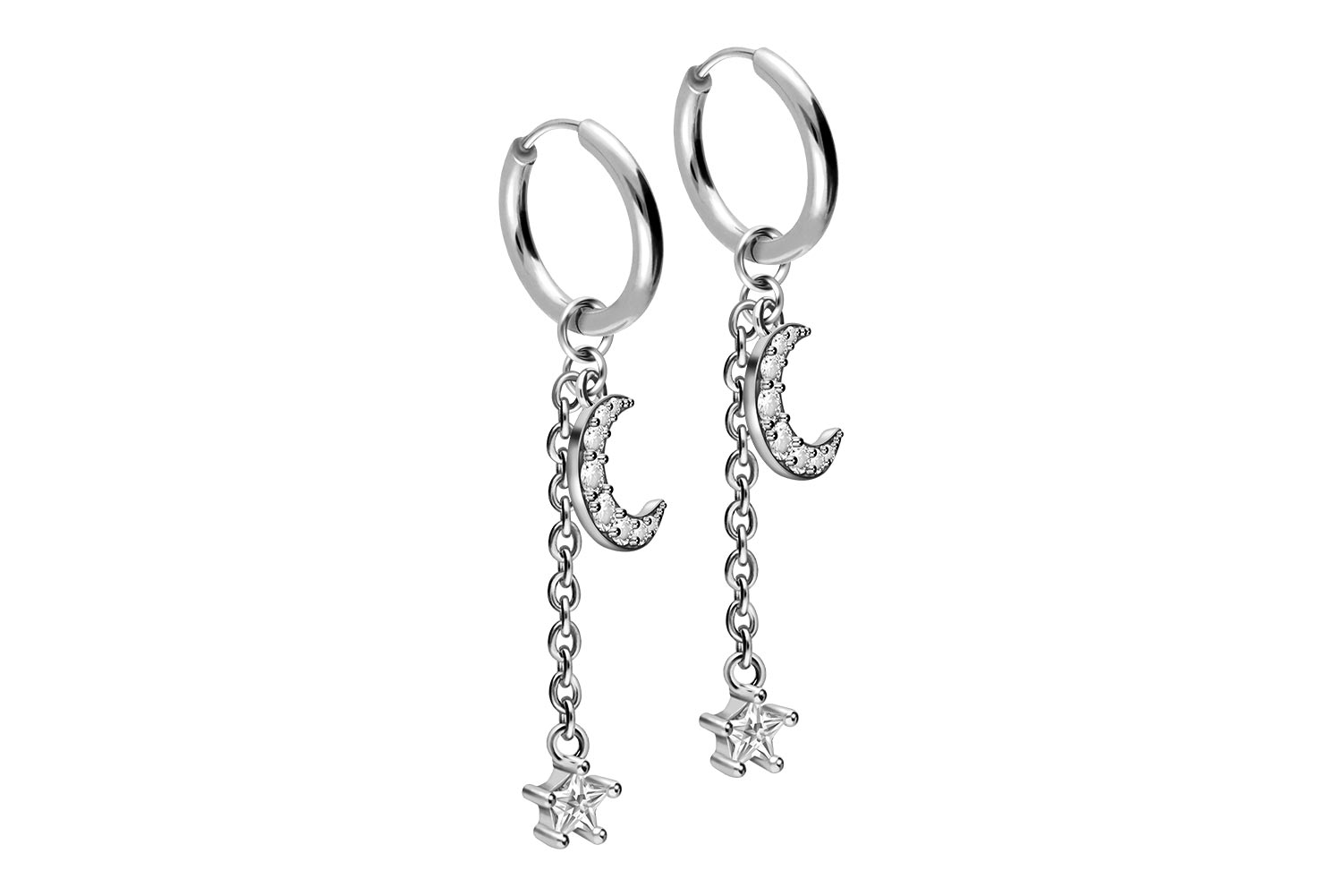 Surgical steel ear clicker creoles CRYSTAL MOON + CRYSTAL STAR