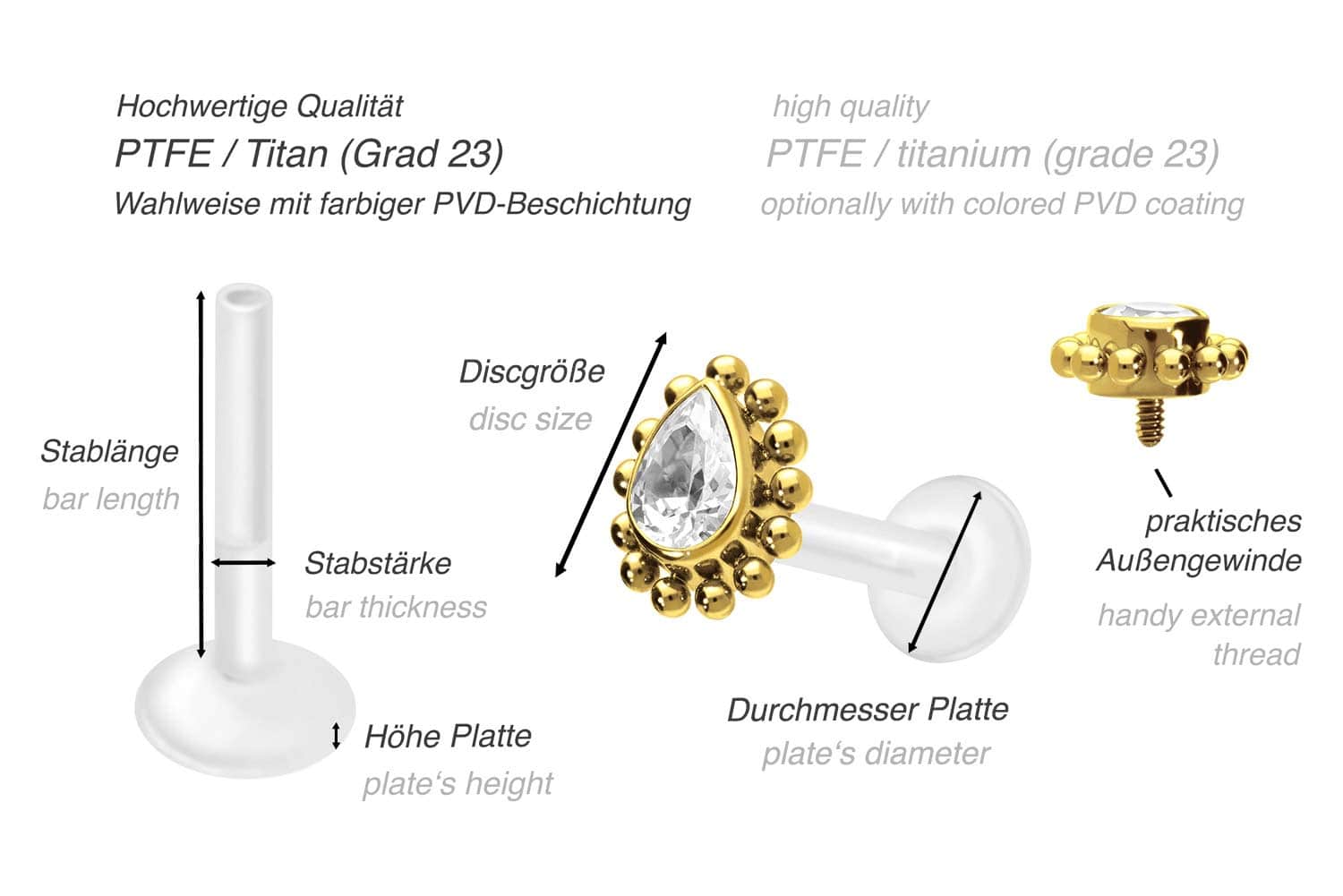 PIERCINGLINE  Piercing Stecker PTFE Labret mit Innengewinde + Titan-Aufsatz - Bild 3 von 17