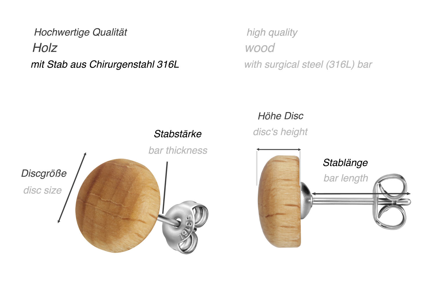 Surgical steel ear studs WOOD DISC