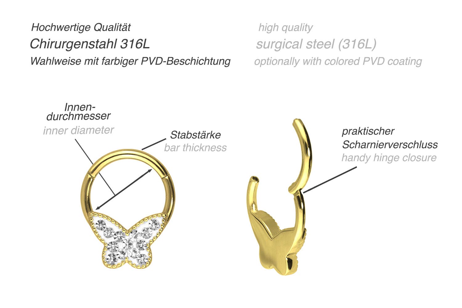 Chirurgenstahl Segmentring Clicker KRISTALLSCHMETTERLING