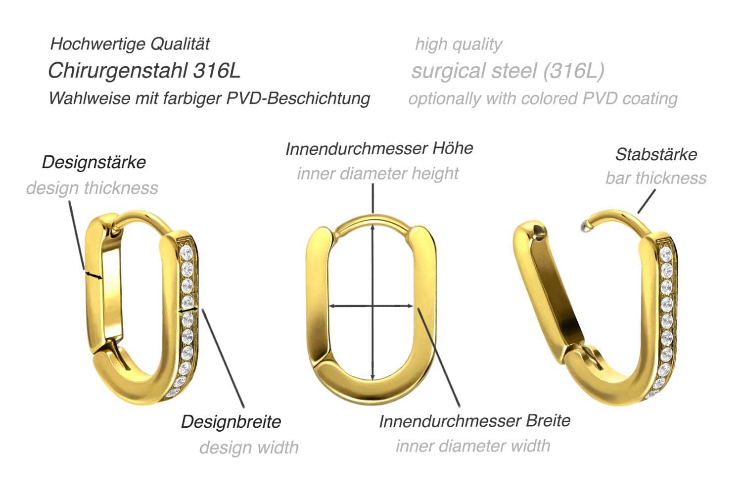Chirurgenstahl Ohrclicker Creolen OVAL + EINGEFASSTE KRISTALLE