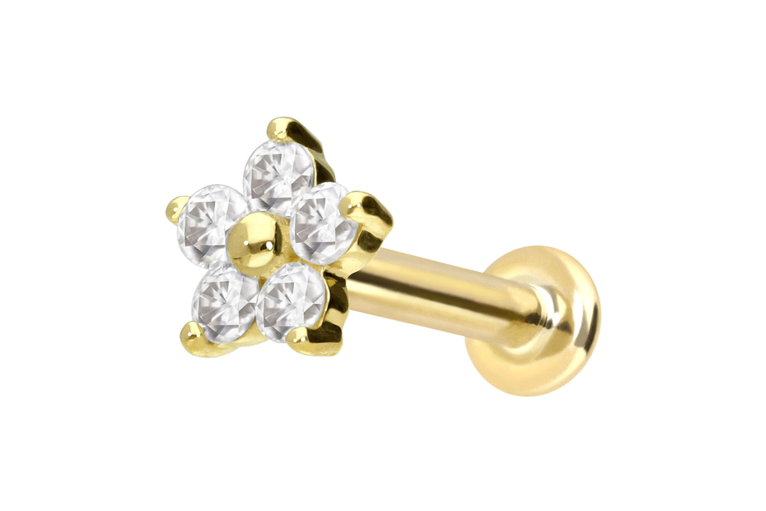14 carat gold labret with push fit MOISSANITE FLOWER