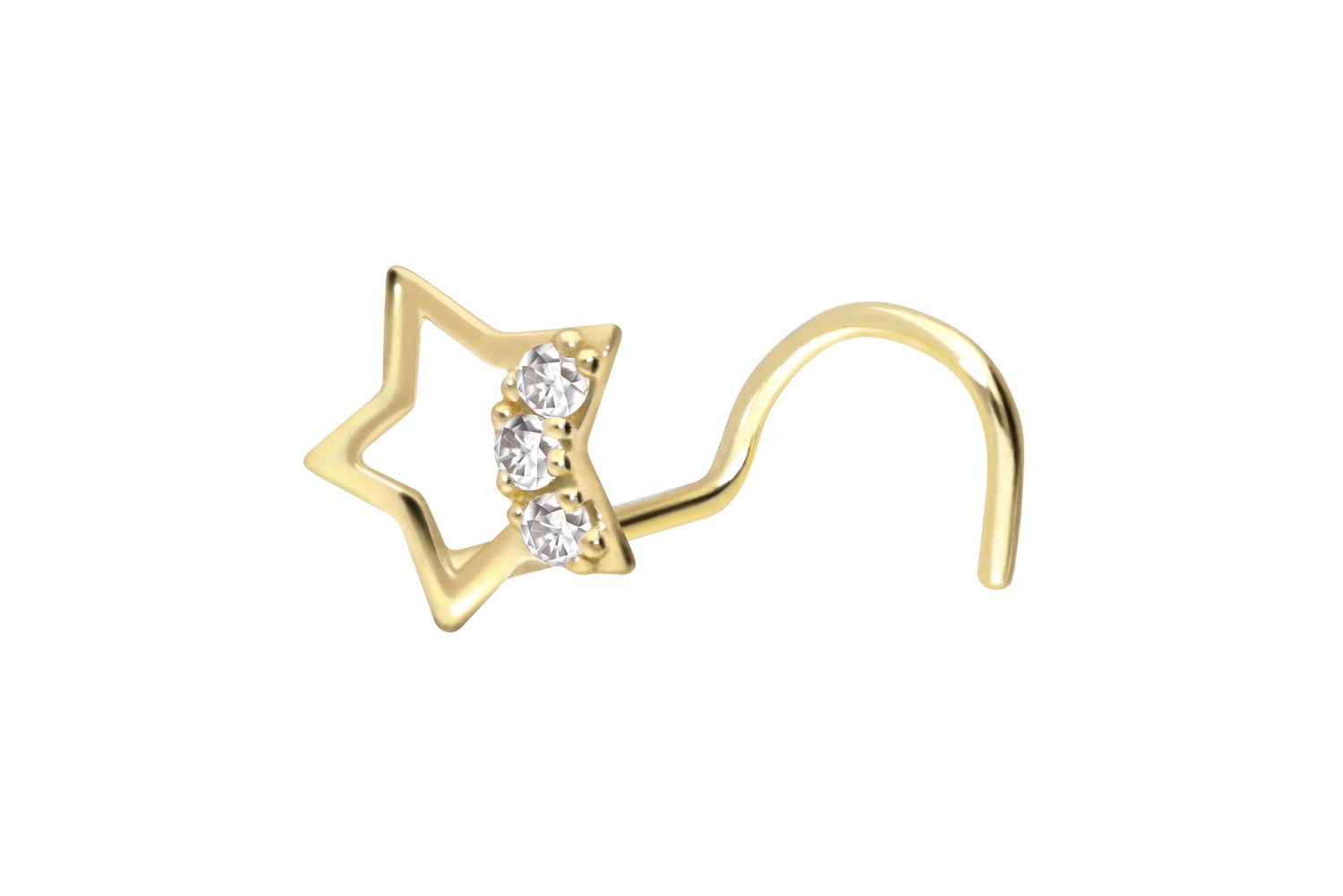 14/18 carat gold nose stud spiral STAR + 3 MOISSANITES