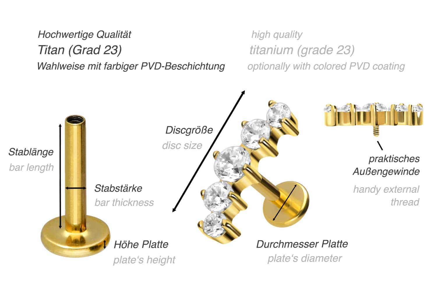 Titanium labret with internal thread 5 SETTED CRYSTALS