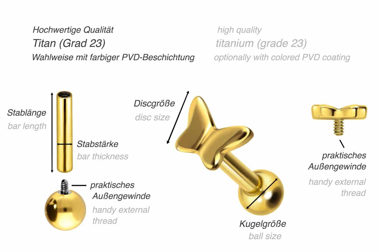 Titanium ear piercing with internal thread BUTTERFLY