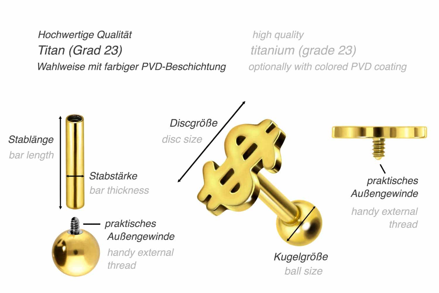 Titan Ohrpiercing mit Innengewinde DOLLARZEICHEN