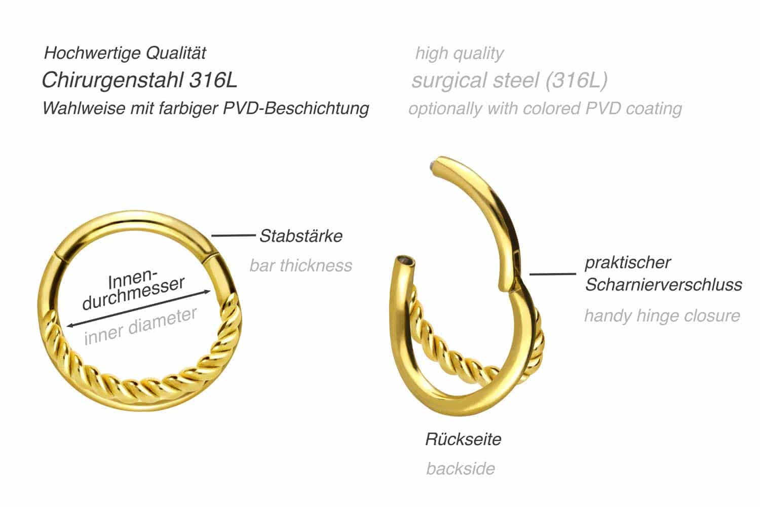 Surgical steel segment ring clicker 2 RINGS + TWISTED