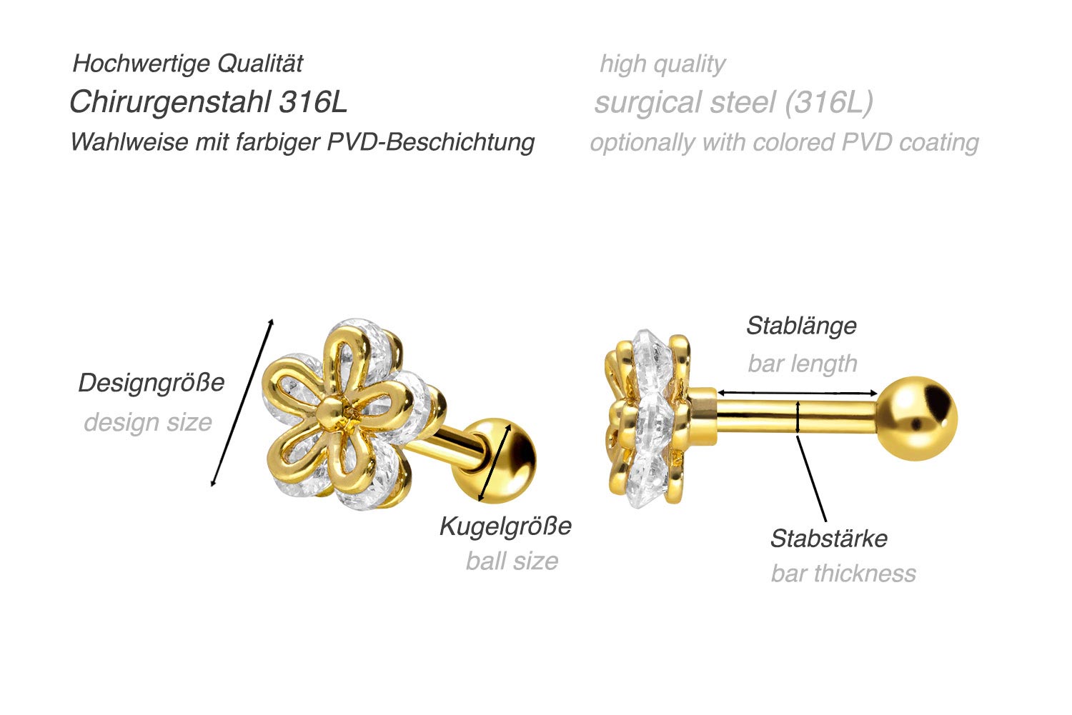 Chirurgenstahl Ohrpiercing BLUME + KRISTALL