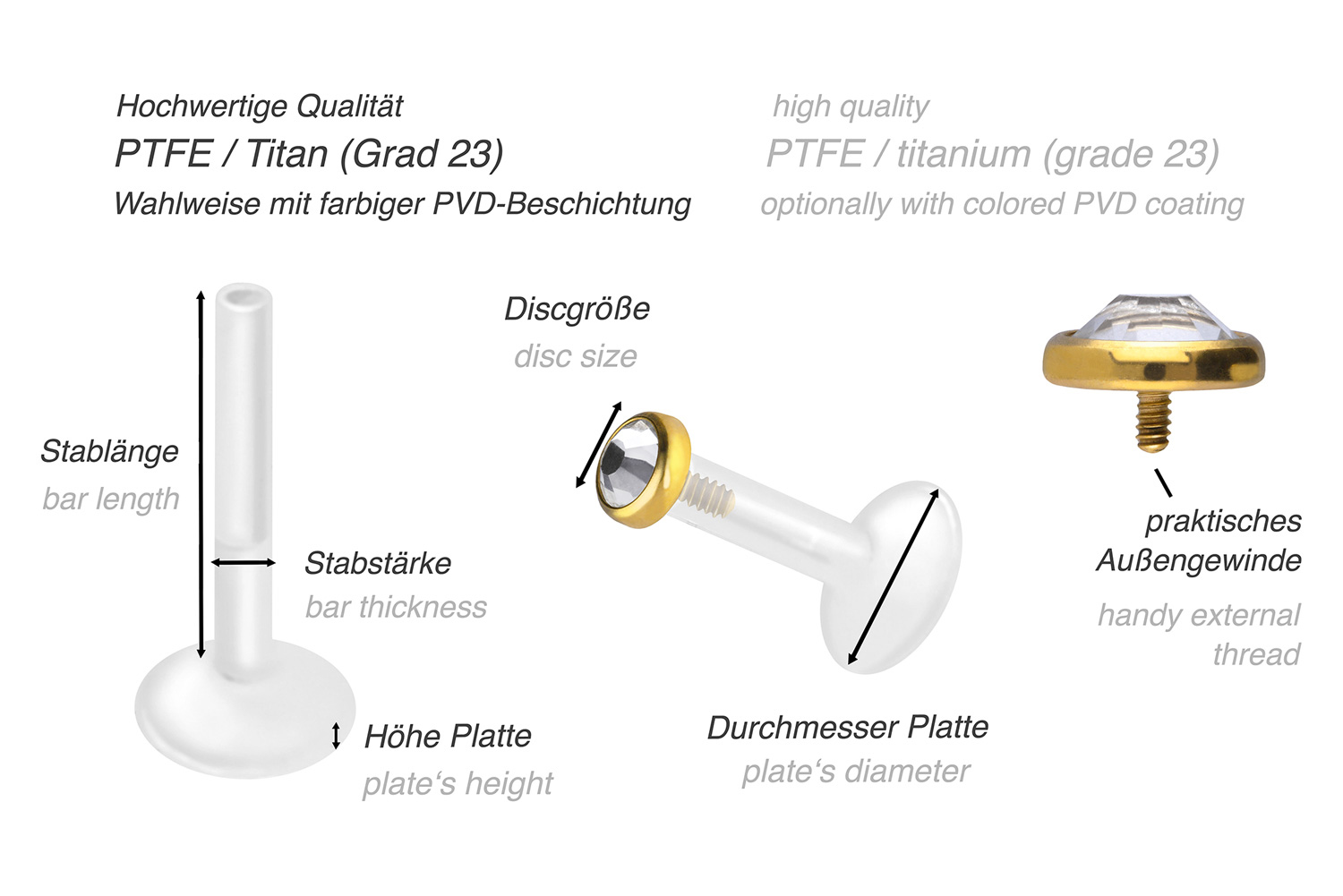 PTFE labret wih internal thread + titanium attachment CRYSTAL DISC