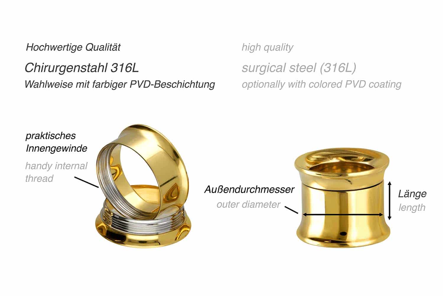 Surgical steel double flared tunnel