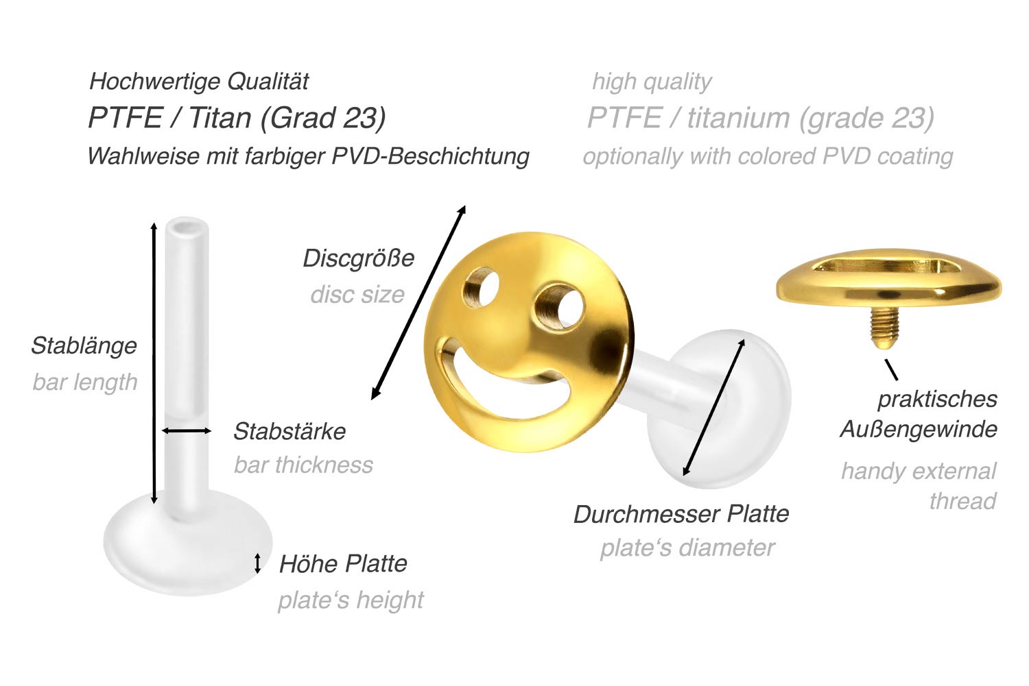 PTFE Labret mit Innengewinde + Titan-Aufsatz LACHENDES GESICHT