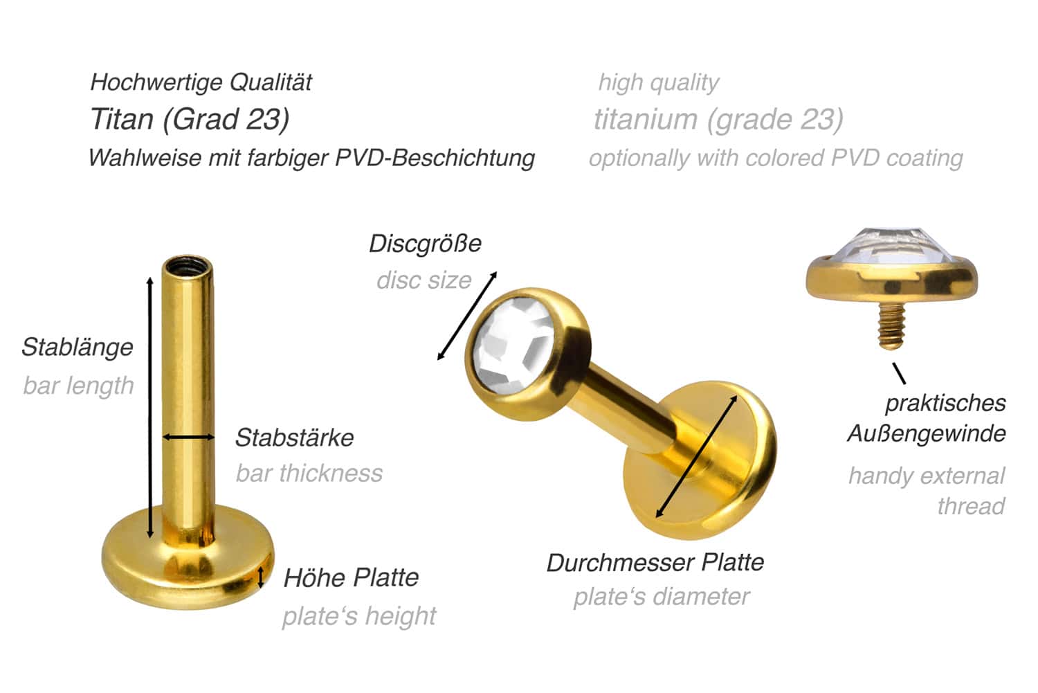 Titan Labret mit Innengewinde KRISTALLDISC