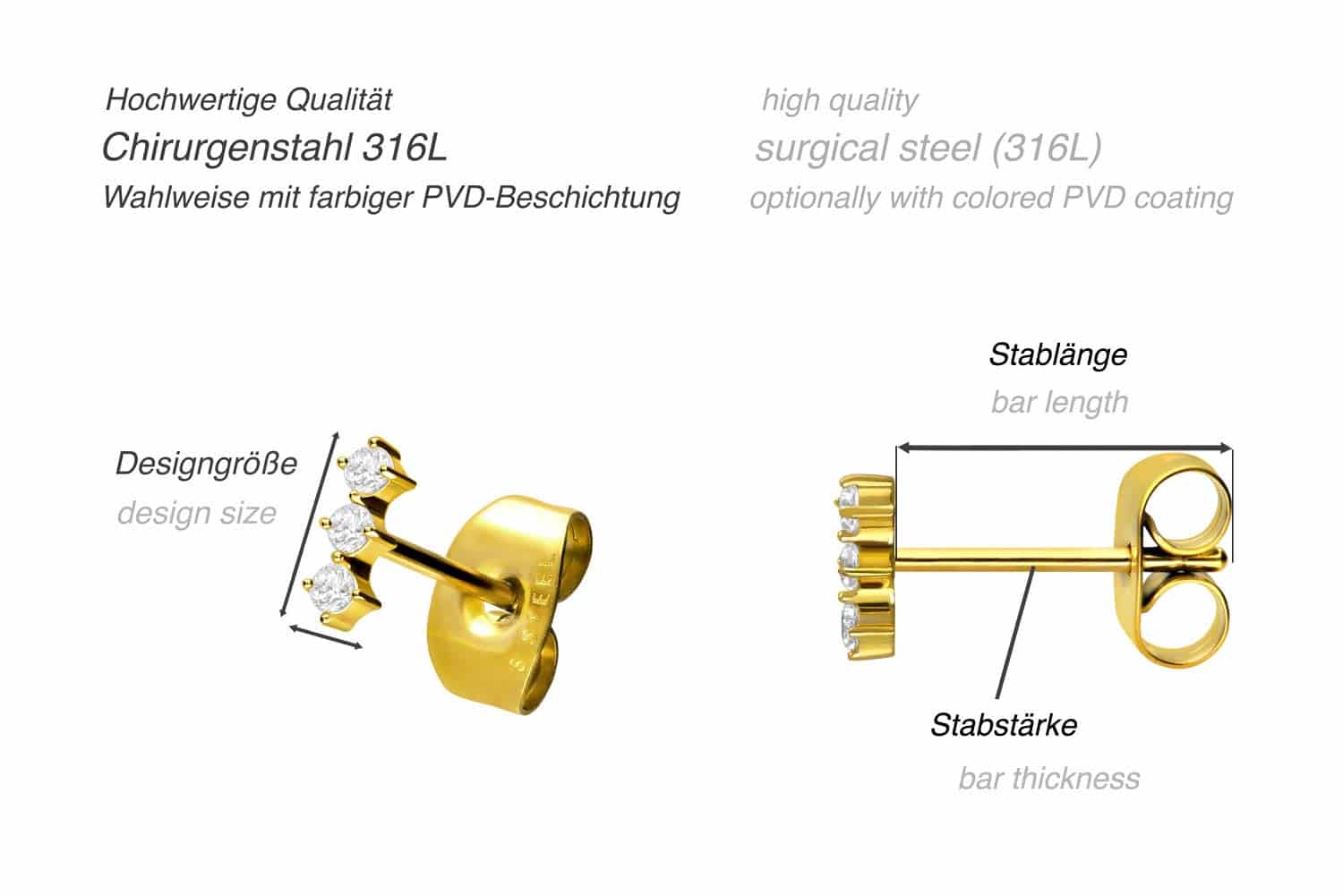 Chirurgenstahl Ohrstecker 3 KRISTALLE