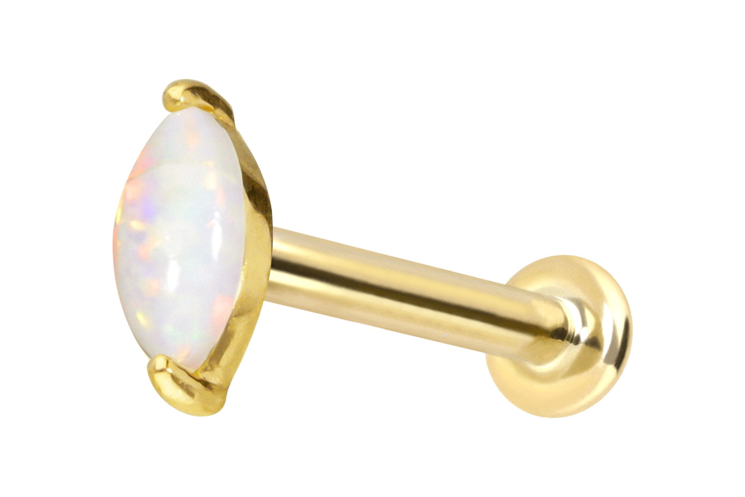 14 carat gold labret with push fit OVAL SYNTHETIC OPAL