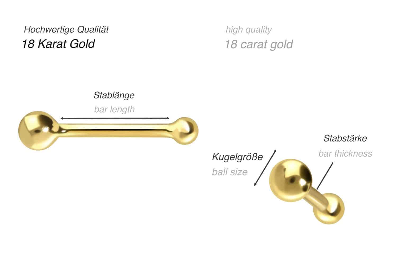 18 carat gold nose stud pin 1.5 mm BALL