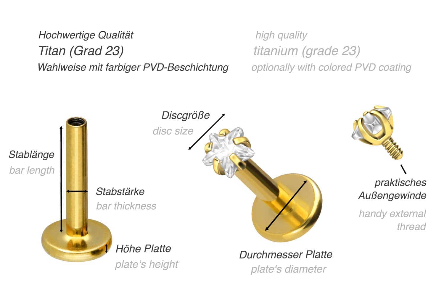 Titan Labret mit Innengewinde EINGEFASSTER KRISTALLSTERN