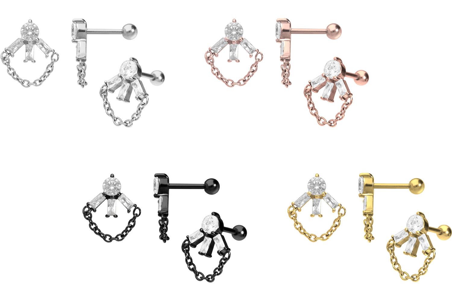 Surgical steel ear piercing SETTED CRYSTALS + CHAIN