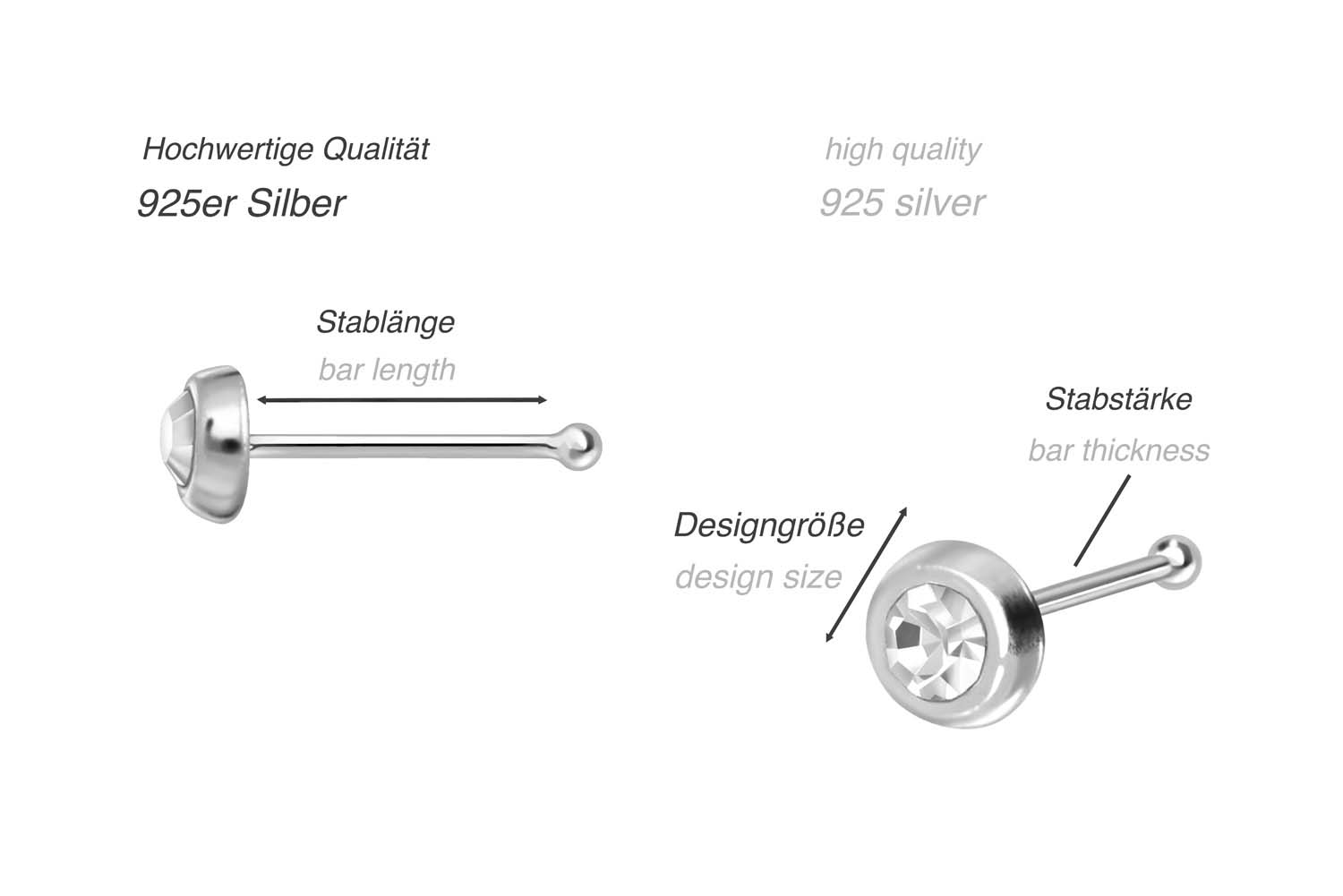 SET 925er Silber Nasenstecker Pin RUNDER KRISTALL