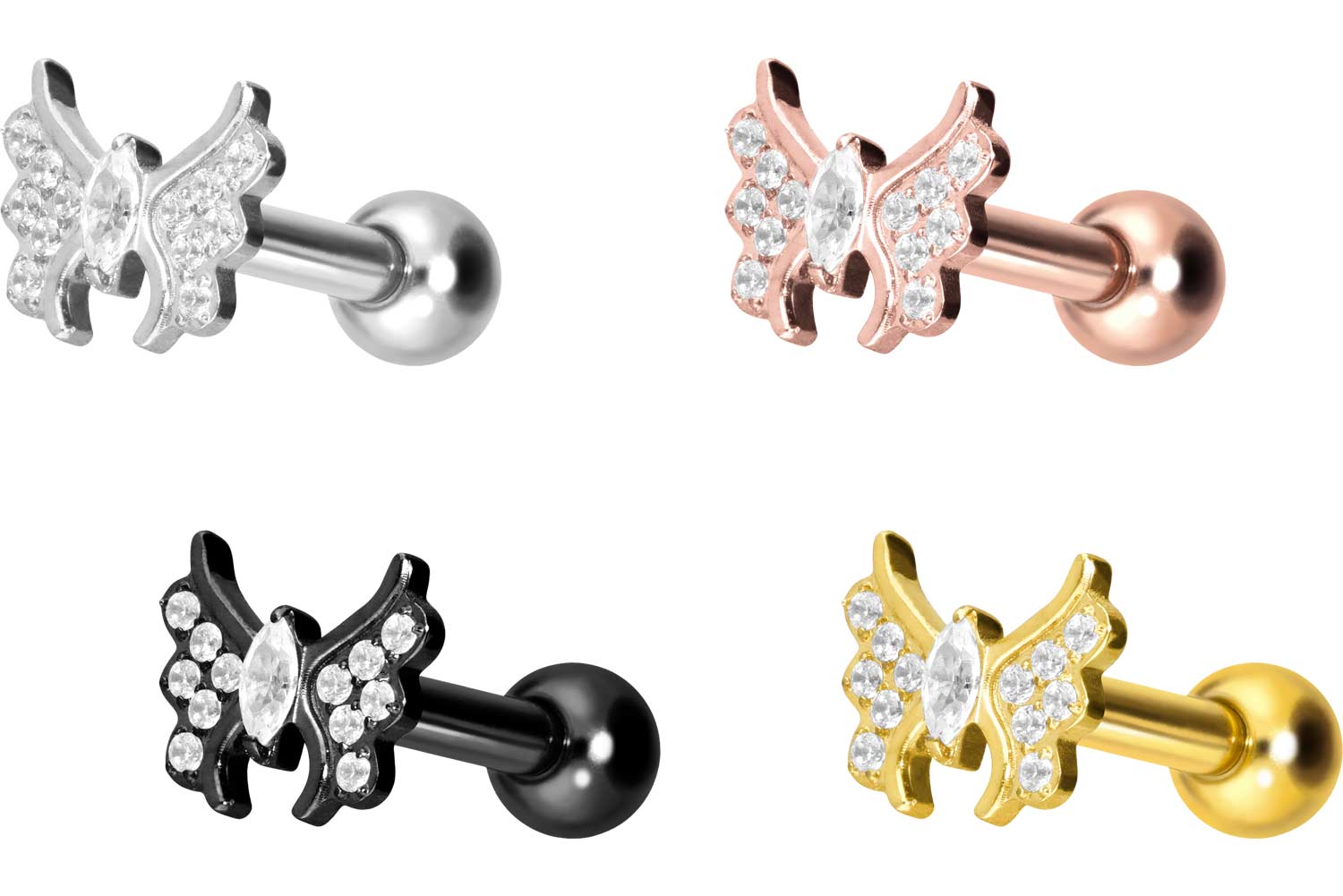 Titanium ear piercing with internal thread CRYSTAL BUTTERFLY