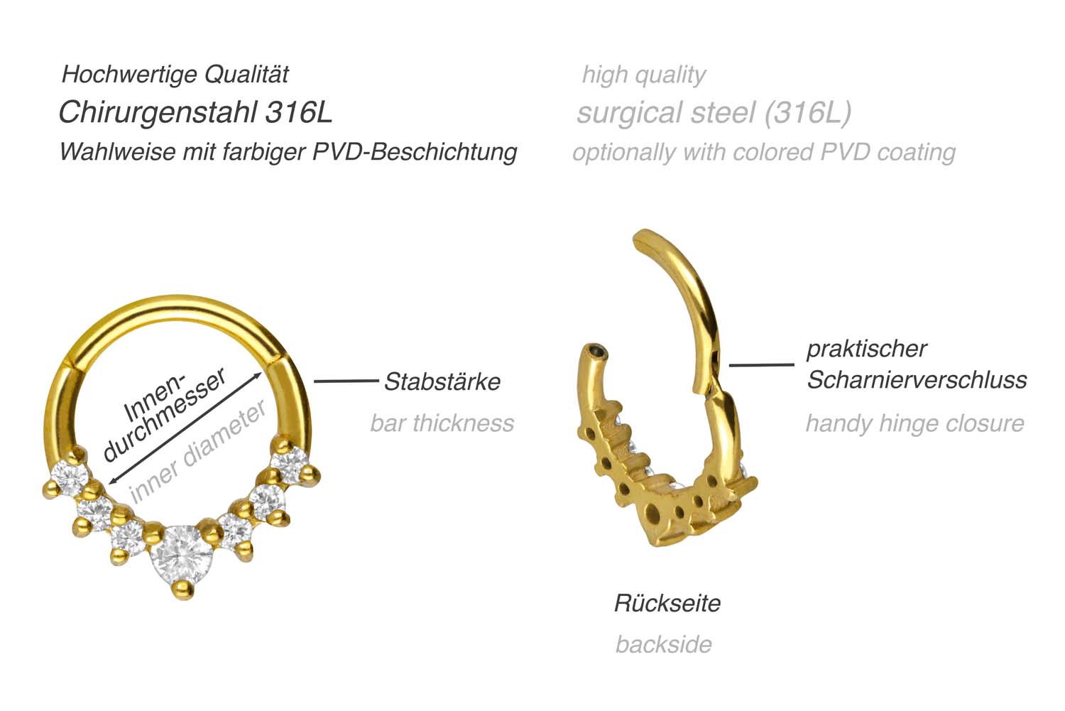 Surgical steel segment ring clicker 7 SETTED CRYSTALS