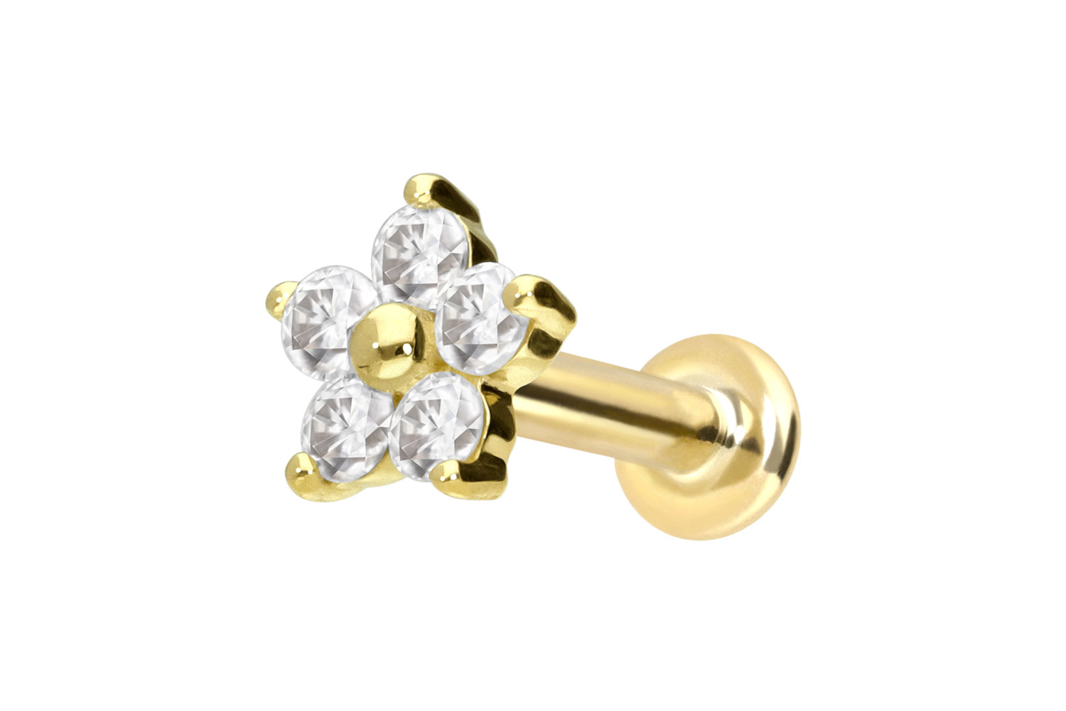 14 carat gold labret with push fit MOISSANITE FLOWER