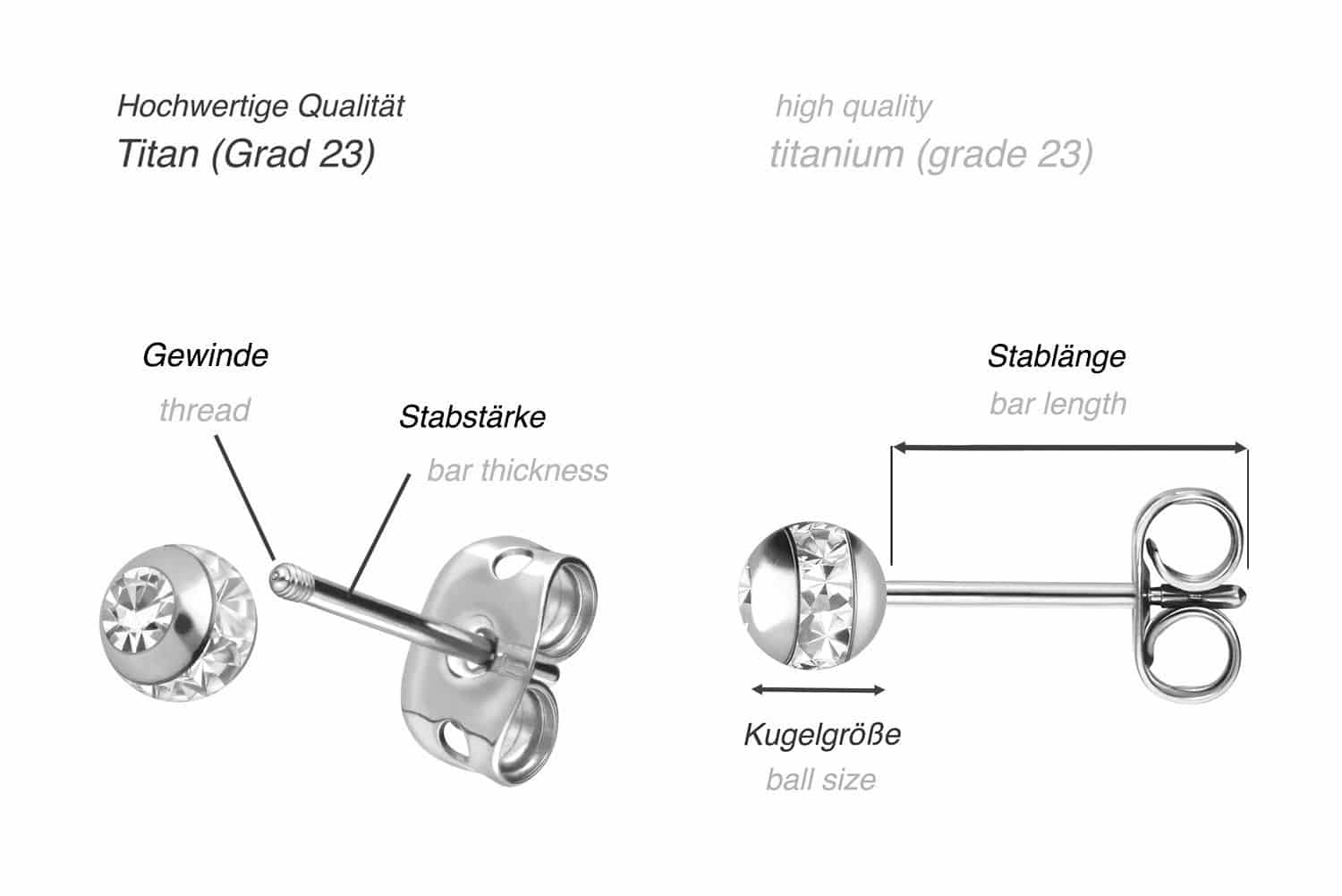 Titanium ear studs EPOXY RING BALL + CRYSTAL