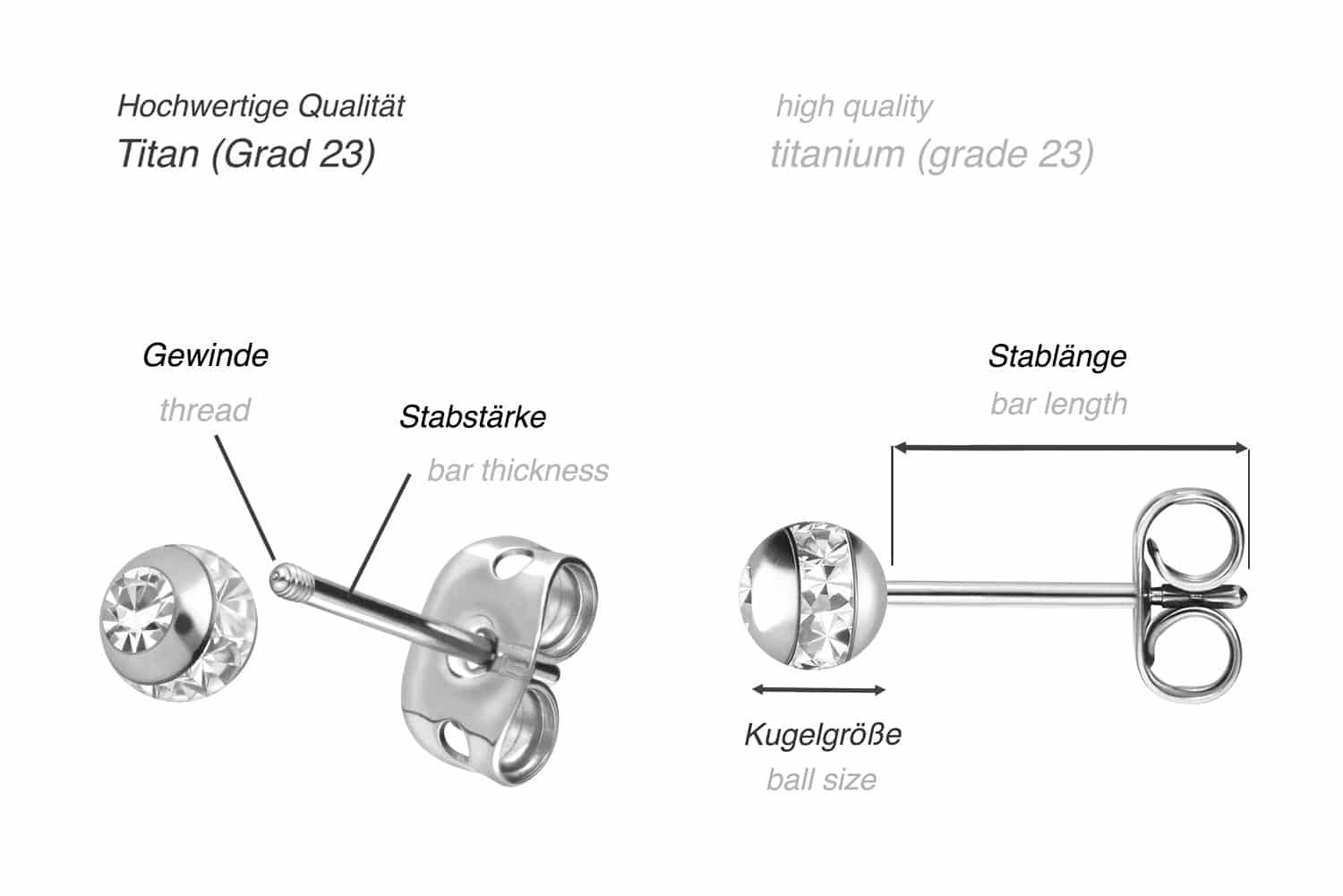 Titanium ear studs EPOXY RING BALL + CRYSTAL