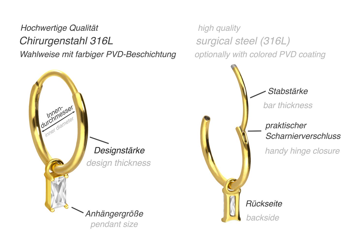 Surgical steel ear clicker creoles CRYSTAL RECTANGLE