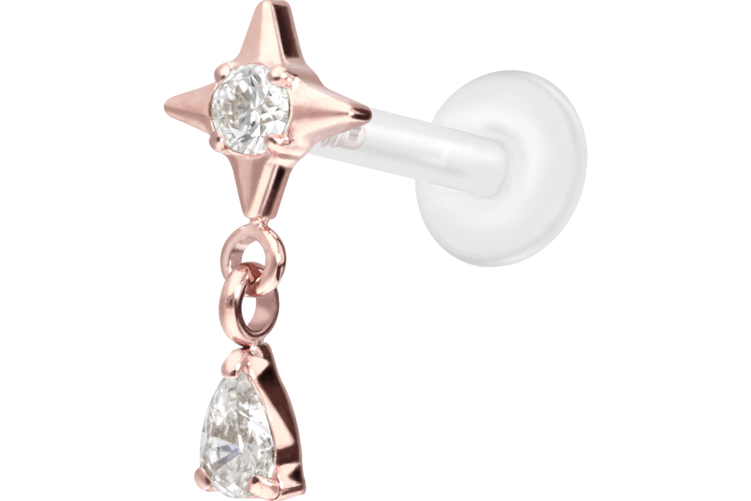PTFE labret with internal thread + titanium attachment STAR + CRYSTAL DROP