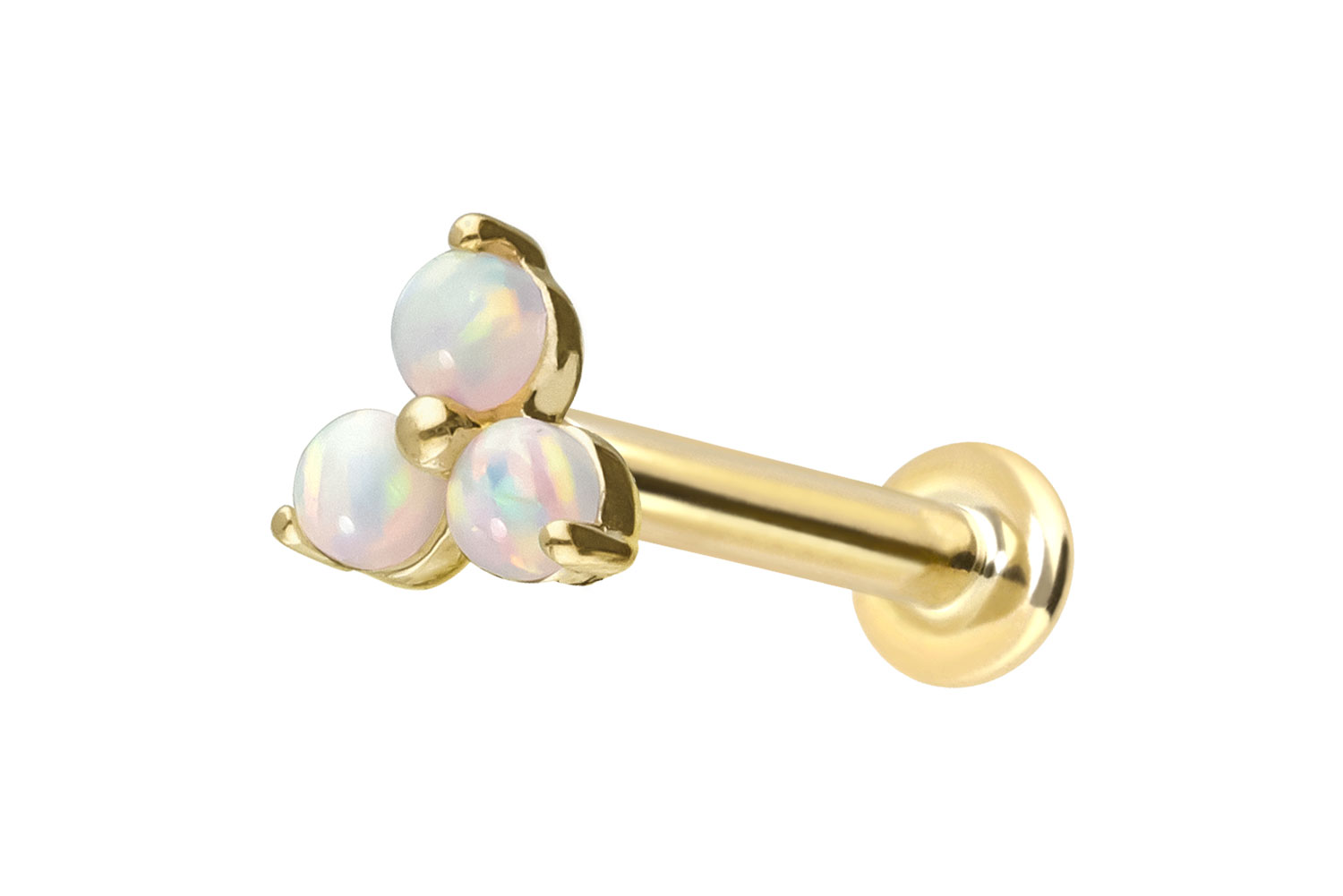 14 carat gold labret with push fit FLOWER + 3 SYNTHETIC OPALS