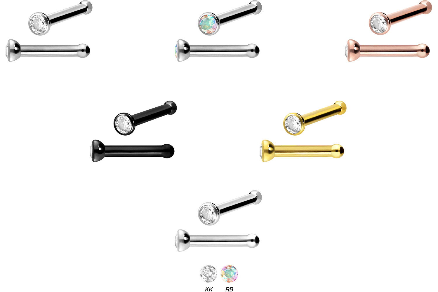 Set of 3 Titanium nose studs pin CRYSTAL