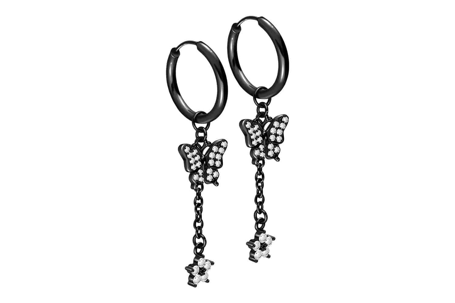 Surgical steel ear clicker creoles CRYSTAL BUTTERFLY + CRYSTAL FLOWER