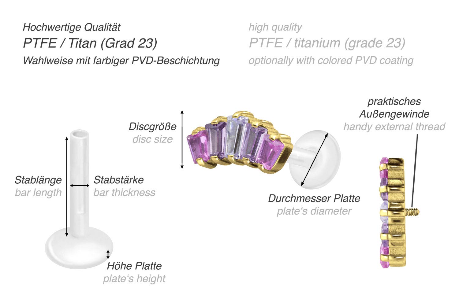 PTFE Labret mit Innengewinde + Titan-Aufsatz 5 EINGEFASSTE KRISTALLRECHTECKE