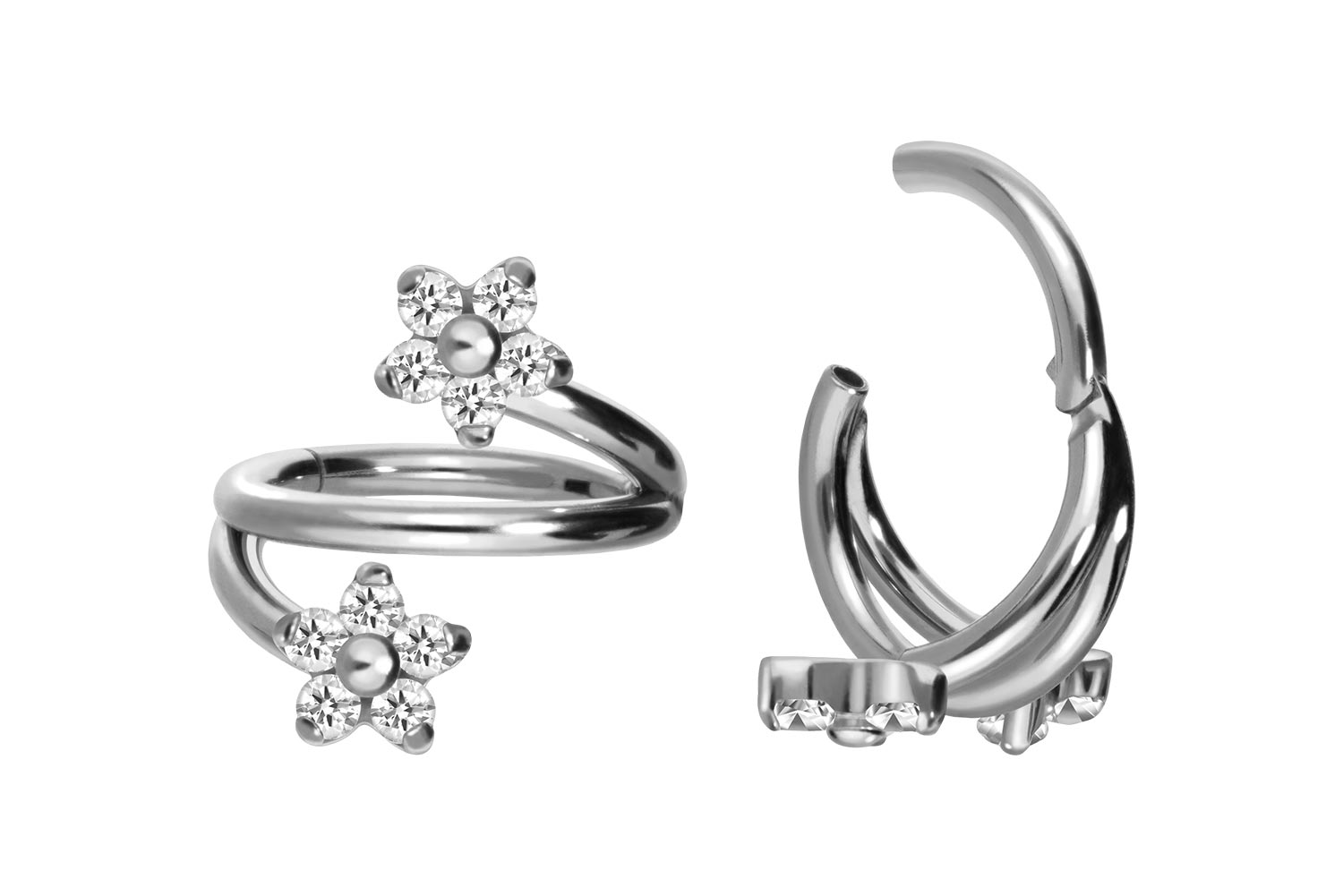 Titanium segment ring clicker 3 RINGS + 2 FLOWERS WITH 5 CRYSTALS