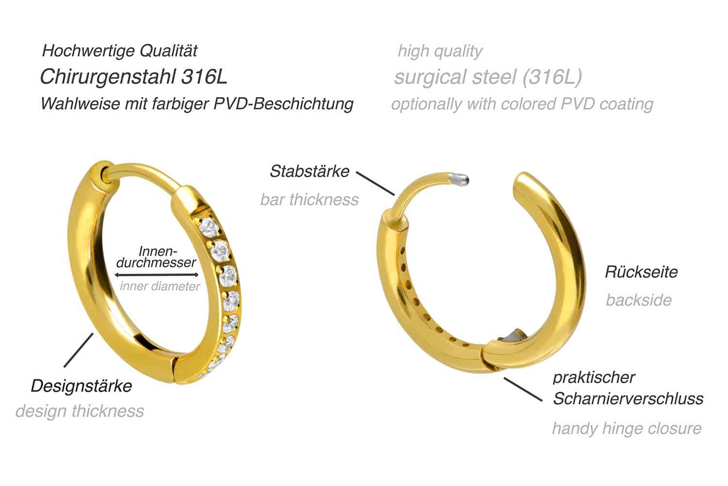 Chirurgenstahl Ohrclicker Creolen EINGEFASSTE KRISTALLE