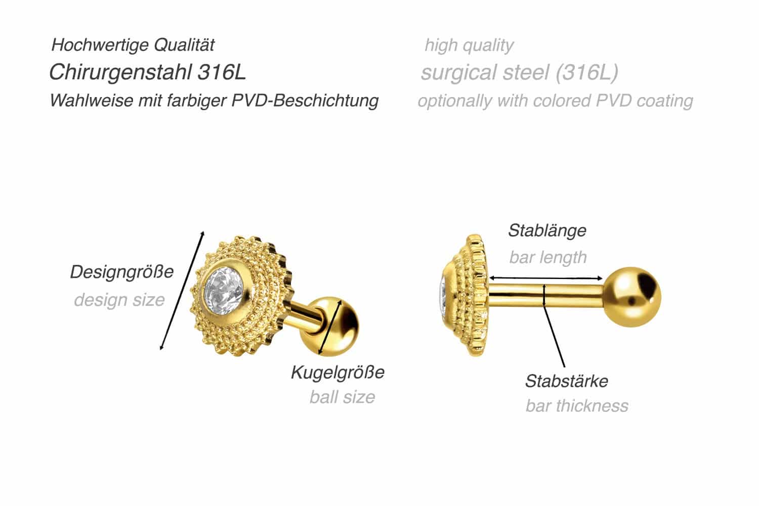 Chirurgenstahl Ohrpiercing ORIENTALISCHES DESIGN + KRISTALL