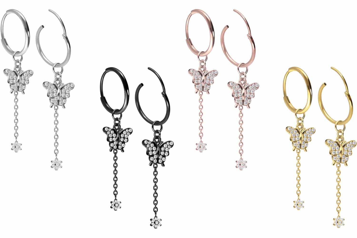 Titanium ear clicker creoles CRYSTAL BUTTERFLY + CRYSTAL FLOWER