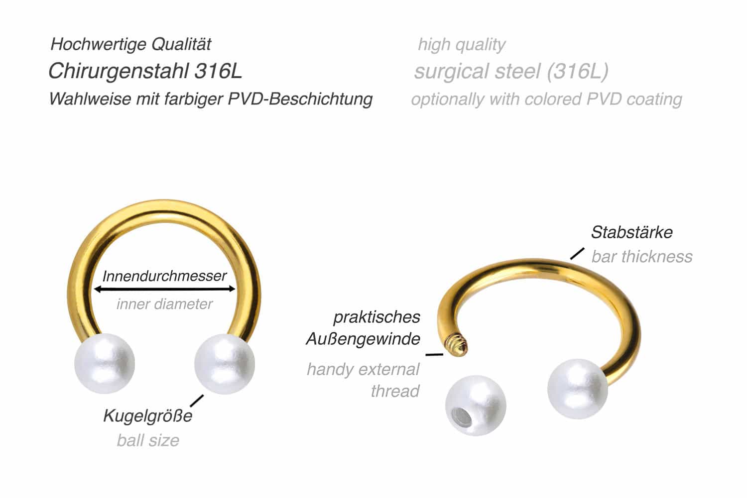 Chirurgenstahl Hufeisenring SYNTHETISCHE PERLEN