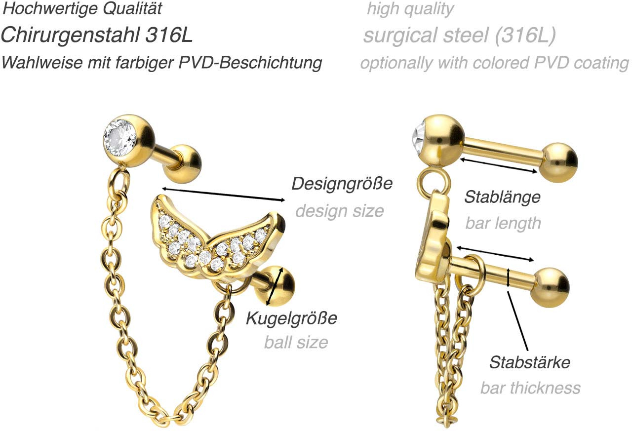 Surgical steel ear piercing CRYSTAL WINGS + CHAIN