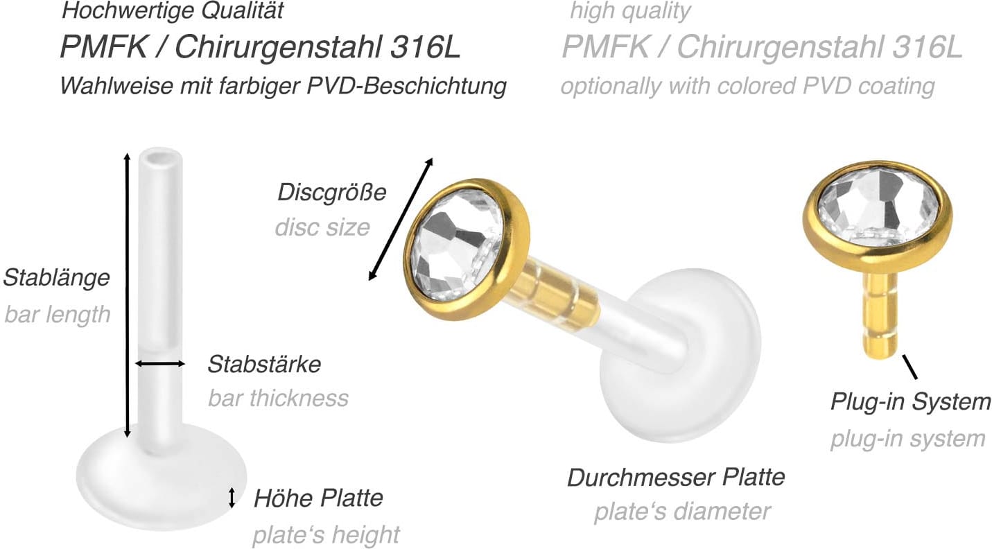 PMFK labret with plug-in system + surgical steel attachment FLAT CRYSTAL