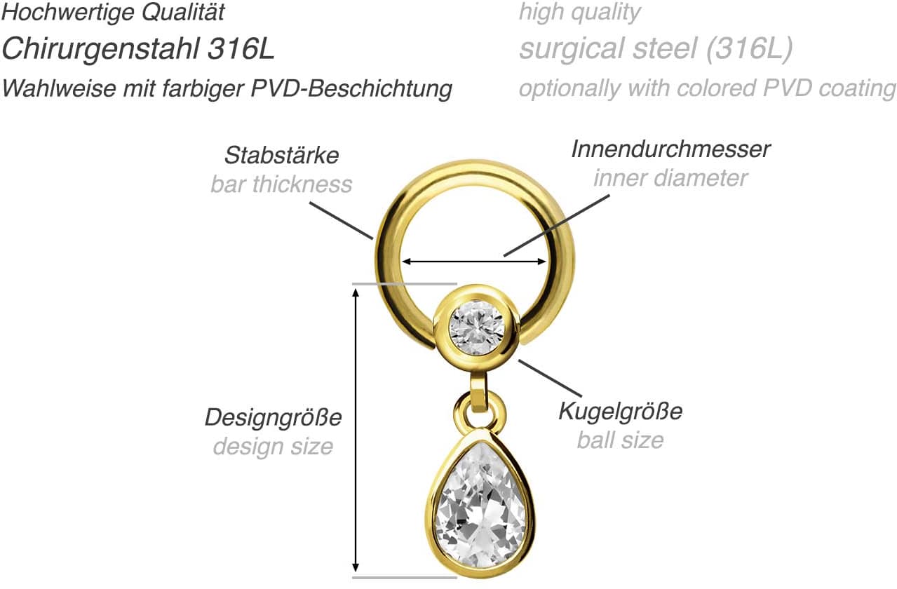 Surgical steel ball closure ring CRYSTAL DROP