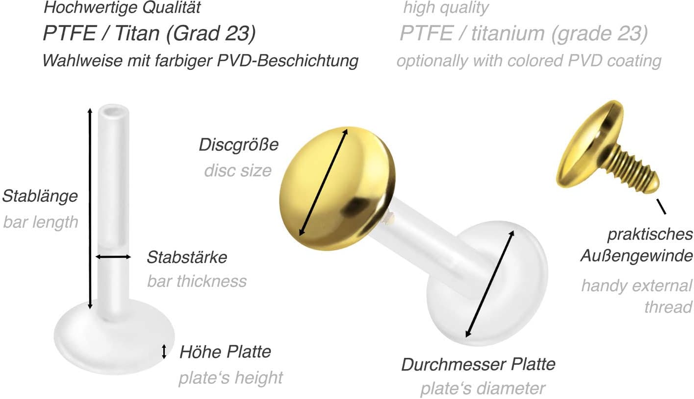PTFE Labret mit Innengewinde + Titan-Aufsatz FLACH
