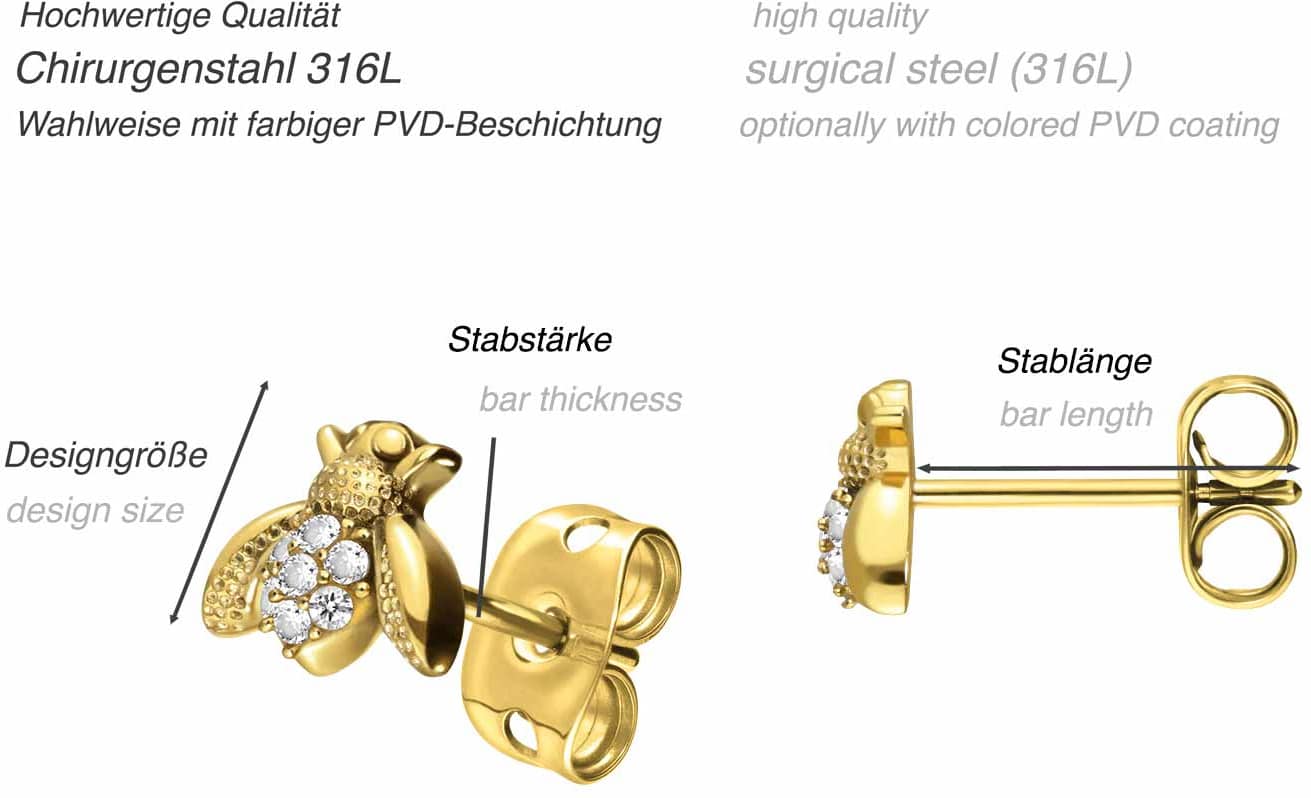 Surgical steel ear studs BEE + SETTED CRYSTALS